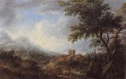 unknow artist, An extensive river landscape with drovers and travellers before a hill-top town